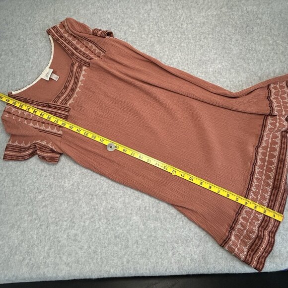 KNOX ROSE Terracotta Cream Mini Dress L Boho Crinkle Rayon Tunic Short Sleeve - Picture 5 of 10